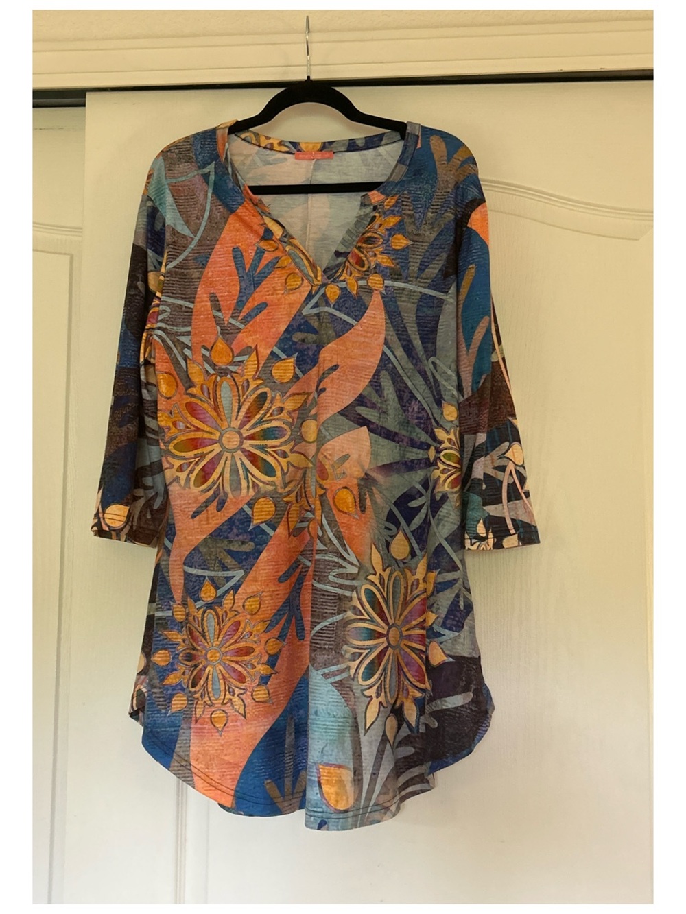 Boho Floral Long-Sleeve V-Neck Dress in Blue and Orange